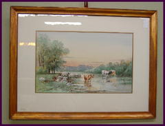 Bertha Hewit Woolrych Framed Watercolor, Landscape with Cows. Listed Artist.